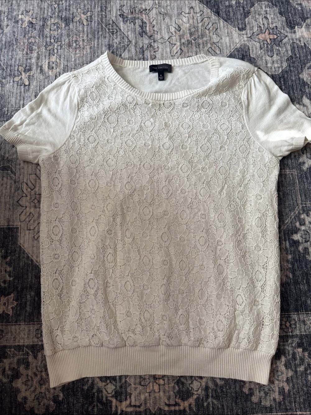 The Limited Ivory Lace-Front Short Sleeve Knit Top